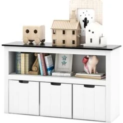 COSTWAY Coffre à Jouets Enfants Avec Tableau Noir Inscriptible, Meuble De Rangement Enfants Avec 3 Bacs Amovibles, Compartiment Ouvert, Kit Anti-basculement Pour Chambre D'Enfant (102 X 33 X 62 Cm)