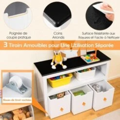 COSTWAY Coffre à Jouets Enfants Avec Tableau Noir Inscriptible, Meuble De Rangement Enfants Avec 3 Bacs Amovibles, Compartiment Ouvert, Kit Anti-basculement Pour Chambre D'Enfant (102 X 33 X 62 Cm) -ATMOSPHERA || Songmics Soldes Boutique 100034748 4