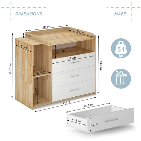 Infantastic® Commode à Langer - Avec 3 Tiroirs Et 3 Compartiments Ouverts, 113 X 53 X 101,6 Cm, MDF, En Chêne Sonoma Et Blanc - Table, Plan à Langer, Pour Bébé, Chambre D'Enfant 6 Infantastic® Commode à Langer - Avec 3 Tiroirs Et 3 Compartiments Ouverts, 113 X 53 X 101,6 Cm, MDF, En Chêne Sonoma Et Blanc - Table, Plan à Langer, Pour Bébé, Chambre D'Enfant – Image 4