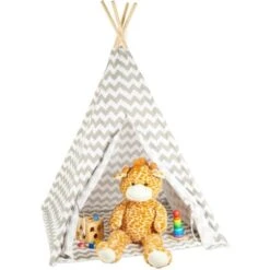 Relaxdays Tente De Jeu Pour Enfants, Tipi Intérieur Extérieur Tente Indien Wigwam, HxlxP:160 X 115 X 115 Cm, Blanc/gris