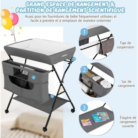 COSTWAY Table à Langer Pliante, Avec Panier De Rangement à Côté Structure En Fer, Charge Max 10KG 4 COSTWAY Table à Langer Pliante, Avec Panier De Rangement à Côté Structure En Fer, Charge Max 10KG – Image 2