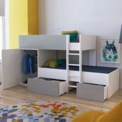 Lit Superposé TWIN 90x190 Avec Armoire Et Tiroirs + 2 Sommiers / Blanc Et Gris/ 252x111x145 Cm -ATMOSPHERA || Songmics Soldes Boutique 26583233 3