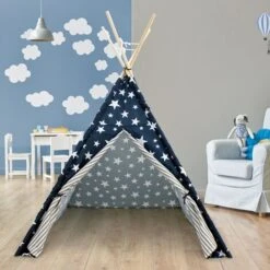 Tente Tipi Indienne Enfants Intérieur Extérieur Bleu Avec étoiles 115x115x160 Cm
