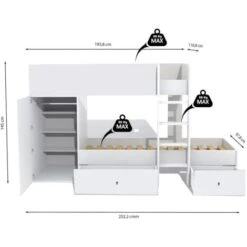 Lit Superposé TWIN 90x190 Avec Armoire Et Tiroirs + 2 Sommiers / Blanc/ 252x111x145 -ATMOSPHERA || Songmics Soldes Boutique 28195912 4