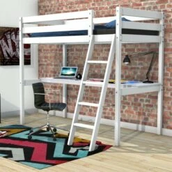 Lit Mezzanine ASPEN 90x190 + 1 Sommier + Bureau / Blanc/ 199x143x170