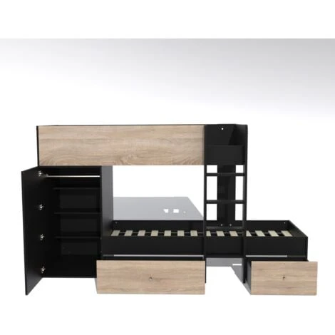 Lit Superposé TWIN 90x190 Avec Armoire Et Tiroirs + 2 Sommiers / Noir Et Chêne Blanchi/ 252x111x145 Cm 6 Lit Superposé TWIN 90x190 Avec Armoire Et Tiroirs + 2 Sommiers / Noir Et Chêne Blanchi/ 252x111x145 Cm – Image 4