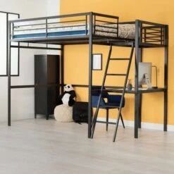 MEUBLES COSY Lit Mezzanine Adulte En Noir Métal Laqué époxy Avec Bureau - Sommier à Lattes - 140x190cm - Matelas Non Inclus