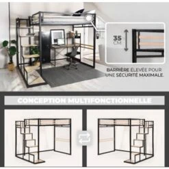 MEUBLES COSY Lit Mezzanine 2 Places, Sommier Inclus - 140 X 200 Cm, Métal Noir Et Effet Chêne, Style Industriel (Matelas Non Inclus) -ATMOSPHERA || Songmics Soldes Boutique 33860759 3