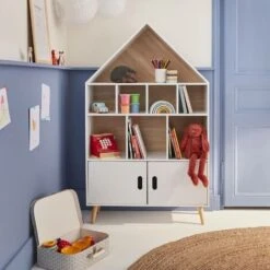 Etagère Bibliothèque Maison Pour Enfant - Tobias- Bois Massif En Pin Naturel Blanc - 3 Niveaux. 8 Compartiments. 2 Portes -ATMOSPHERA || Songmics Soldes Boutique 36424159 3