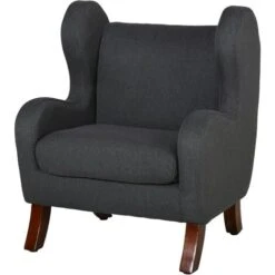 HOMCOM Fauteuil Enfant Oreilles Grand Confort Accoudoirs Assise Dossier Garnissage Mousse Haute Densité Piètement Bois Hévéa Verni Lin Gris