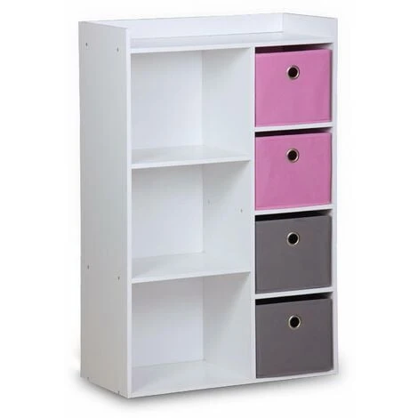 Meuble De Rangement Pour Enfant. Blanc - Camille - Avec 7 Compartiments Et 4 Paniers Gris Et Roses 3 Meuble De Rangement Pour Enfant. Blanc - Camille - Avec 7 Compartiments Et 4 Paniers Gris Et Roses