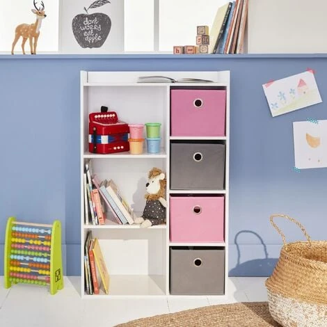 Meuble De Rangement Pour Enfant. Blanc - Camille - Avec 7 Compartiments Et 4 Paniers Gris Et Roses 4 Meuble De Rangement Pour Enfant. Blanc - Camille - Avec 7 Compartiments Et 4 Paniers Gris Et Roses – Image 2