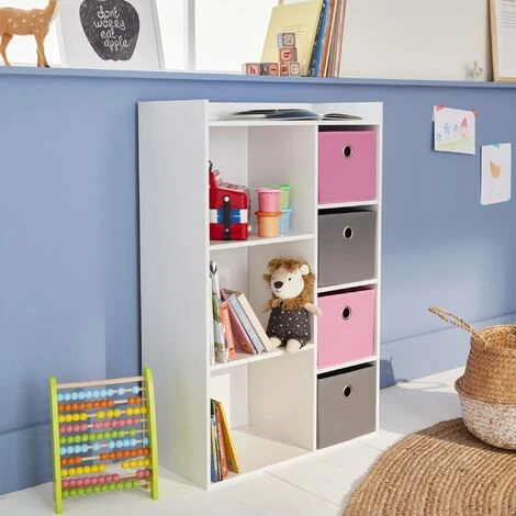 Meuble De Rangement Pour Enfant. Blanc - Camille - Avec 7 Compartiments Et 4 Paniers Gris Et Roses 5 Meuble De Rangement Pour Enfant. Blanc - Camille - Avec 7 Compartiments Et 4 Paniers Gris Et Roses – Image 3