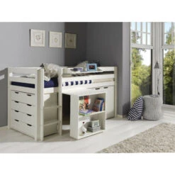 Chambre Enfant 5 Pièces Lit Bureau 2 Commodes Et étagère Pin Massif Blanc Pino 90x200 Cm