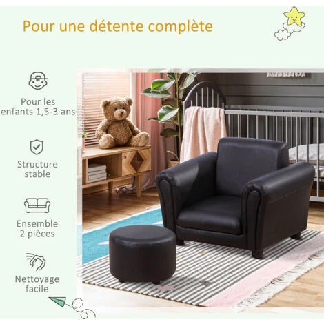 HOMCOM Ensemble Fauteuil Et Pouf Enfant Style Contemporain Structure Bois Revêtement Synthétique PVC Noir 7 HOMCOM Ensemble Fauteuil Et Pouf Enfant Style Contemporain Structure Bois Revêtement Synthétique PVC Noir – Image 5