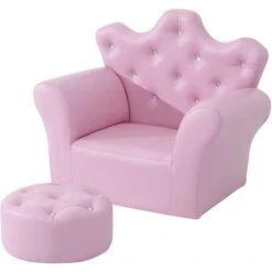 HOMCOM Ensemble Fauteuil Et Pouf Enfant Design Couronne De Princesse - Dossier Et Assise Pouf Avec Boutons Strass Aspect Cristaux - Structure Bois Revêtement Synthétique PVC Rose
