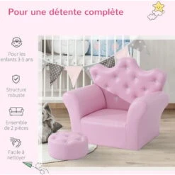HOMCOM Ensemble Fauteuil Et Pouf Enfant Design Couronne De Princesse - Dossier Et Assise Pouf Avec Boutons Strass Aspect Cristaux - Structure Bois Revêtement Synthétique PVC Rose -ATMOSPHERA || Songmics Soldes Boutique 47140649 4