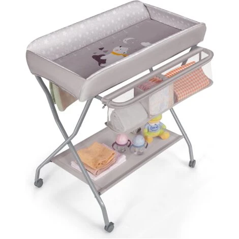 COSTWAY Table à Langer Pliante Pour Bébé Hauteur Ergonomique Avec Barre à Linge Panier De Rangement à Roulettes Verrouillables Gris 3 COSTWAY Table à Langer Pliante Pour Bébé Hauteur Ergonomique Avec Barre à Linge Panier De Rangement à Roulettes Verrouillables Gris