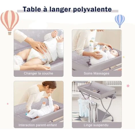 COSTWAY Table à Langer Pliante Pour Bébé Hauteur Ergonomique Avec Barre à Linge Panier De Rangement à Roulettes Verrouillables Gris 4 COSTWAY Table à Langer Pliante Pour Bébé Hauteur Ergonomique Avec Barre à Linge Panier De Rangement à Roulettes Verrouillables Gris – Image 2