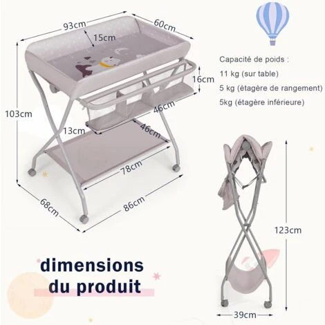 COSTWAY Table à Langer Pliante Pour Bébé Hauteur Ergonomique Avec Barre à Linge Panier De Rangement à Roulettes Verrouillables Gris 7 COSTWAY Table à Langer Pliante Pour Bébé Hauteur Ergonomique Avec Barre à Linge Panier De Rangement à Roulettes Verrouillables Gris – Image 5