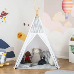 HOMCOM Tente Teepee Indien Enfant Style Graphique - Dim. 1,2L X 1,2I X 1,55H M - Porte Refermable, Fenêtre, Tapis, Coussin, Sac Transport Inclus - Structure Bois, Toile Polyester Coton Gris Blanc -ATMOSPHERA || Songmics Soldes Boutique 50908878 2