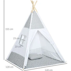HOMCOM Tente Teepee Indien Enfant Style Graphique - Dim. 1,2L X 1,2I X 1,55H M - Porte Refermable, Fenêtre, Tapis, Coussin, Sac Transport Inclus - Structure Bois, Toile Polyester Coton Gris Blanc -ATMOSPHERA || Songmics Soldes Boutique 50908878 3