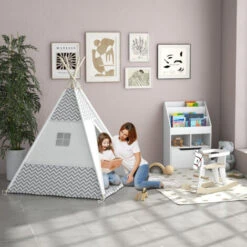 HOMCOM Tente Teepee Indien Enfant Style Graphique - Dim. 1,2L X 1,2I X 1,55H M - Porte Refermable, Fenêtre, Tapis, Coussin, Sac Transport Inclus - Structure Bois, Toile Polyester Coton Gris Blanc -ATMOSPHERA || Songmics Soldes Boutique 50908878 4