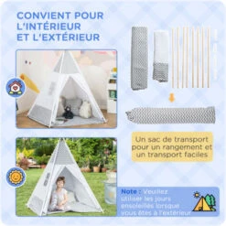HOMCOM Tente Teepee Indien Enfant Style Graphique - Dim. 1,2L X 1,2I X 1,55H M - Porte Refermable, Fenêtre, Tapis, Coussin, Sac Transport Inclus - Structure Bois, Toile Polyester Coton Gris Blanc -ATMOSPHERA || Songmics Soldes Boutique 50908878 5