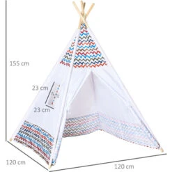 HOMCOM Tente Teepee Indien Enfant Style Graphique - Dim. 1,2L X 1,2I X 1,55H M - Porte Refermable, Fenêtre - Structure Bois, Toile Polyester Coton Blanc Multicolore -ATMOSPHERA || Songmics Soldes Boutique 50908882 3