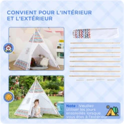 HOMCOM Tente Teepee Indien Enfant Style Graphique - Dim. 1,2L X 1,2I X 1,55H M - Porte Refermable, Fenêtre - Structure Bois, Toile Polyester Coton Blanc Multicolore -ATMOSPHERA || Songmics Soldes Boutique 50908882 4