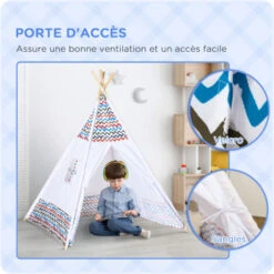 HOMCOM Tente Teepee Indien Enfant Style Graphique - Dim. 1,2L X 1,2I X 1,55H M - Porte Refermable, Fenêtre - Structure Bois, Toile Polyester Coton Blanc Multicolore -ATMOSPHERA || Songmics Soldes Boutique 50908882 5