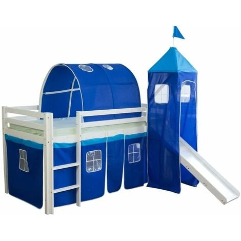 Lit Mezzanine 90x200cm Avec échelle Toboggan En Bois Blanc Et Toile Bleu Incluse 3 Lit Mezzanine 90x200cm Avec échelle Toboggan En Bois Blanc Et Toile Bleu Incluse