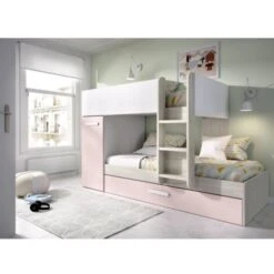 Lits Superposés Crystal Pour Deux Enfants Blanc Mat Rose Et Chêne Gris Avec Armoire Blanc, Rose Et Gris