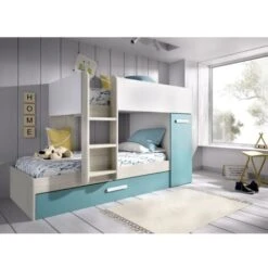 Lits Superposés Crystal Pour Deux Enfants Blanc Mat Bleu Clair Et Chêne Gris Avec Armoire Blanc, émeraude Et Gris