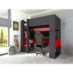 Lit Mezzanine Gamer NOAH Avec Bureau Et Rangements Intégrés - 90 X 200 Cm - Avec LEDs - Anthracite Et Rouge