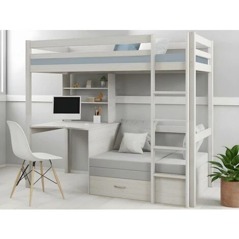 Lit Mezzanine GOLIATH II Avec Bureau, Sofa Convertible Et Rangements - 90 X 200 Cm - Pin Massif - Blanchi 4 Lit Mezzanine GOLIATH II Avec Bureau, Sofa Convertible Et Rangements - 90 X 200 Cm - Pin Massif - Blanchi – Image 2