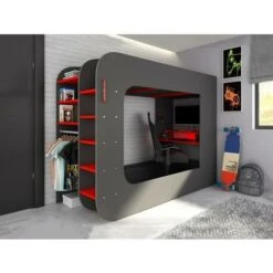 Lit Mezzanine Gamer 90 X 200 Cm - Avec Bureau Et Rangements - Avec LEDs - Anthracite Et Rouge - WARRIOR
