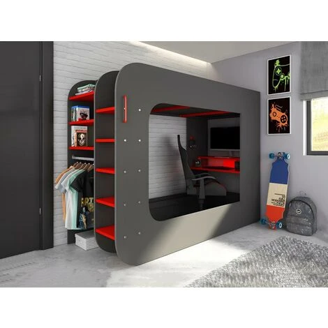 Lit Mezzanine Gamer 90 X 200 Cm - Avec Bureau Et Rangements - Avec LEDs - Anthracite Et Rouge - WARRIOR 3 Lit Mezzanine Gamer 90 X 200 Cm - Avec Bureau Et Rangements - Avec LEDs - Anthracite Et Rouge - WARRIOR