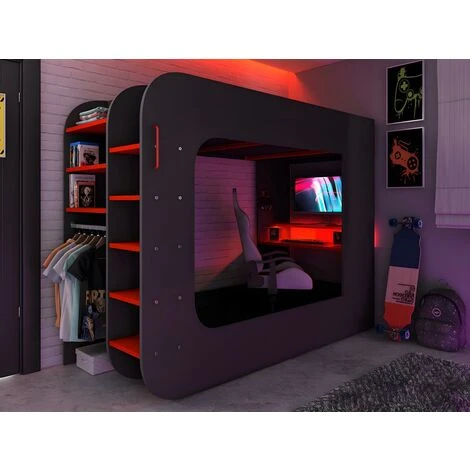 Lit Mezzanine Gamer 90 X 200 Cm - Avec Bureau Et Rangements - Avec LEDs - Anthracite Et Rouge - WARRIOR 4 Lit Mezzanine Gamer 90 X 200 Cm - Avec Bureau Et Rangements - Avec LEDs - Anthracite Et Rouge - WARRIOR – Image 2