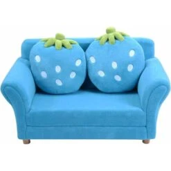 RELAX4LIFE Canapé Enfant 2 Places Avec Rembourrage En Éponge, Surface Peluche De Corail, Fauteuil Sofa Avec 2 Oreillers En Forme De Fraise Pour 3-7 Ans, 90X53X48 CM, Rose/Bleu (Bleu)