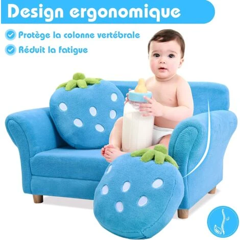 RELAX4LIFE Canapé Enfant 2 Places Avec Rembourrage En Éponge, Surface Peluche De Corail, Fauteuil Sofa Avec 2 Oreillers En Forme De Fraise Pour 3-7 Ans, 90X53X48 CM, Rose/Bleu (Bleu) 4 RELAX4LIFE Canapé Enfant 2 Places Avec Rembourrage En Éponge, Surface Peluche De Corail, Fauteuil Sofa Avec 2 Oreillers En Forme De Fraise Pour 3-7 Ans, 90X53X48 CM, Rose/Bleu (Bleu) – Image 2