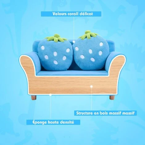 RELAX4LIFE Canapé Enfant 2 Places Avec Rembourrage En Éponge, Surface Peluche De Corail, Fauteuil Sofa Avec 2 Oreillers En Forme De Fraise Pour 3-7 Ans, 90X53X48 CM, Rose/Bleu (Bleu) 6 RELAX4LIFE Canapé Enfant 2 Places Avec Rembourrage En Éponge, Surface Peluche De Corail, Fauteuil Sofa Avec 2 Oreillers En Forme De Fraise Pour 3-7 Ans, 90X53X48 CM, Rose/Bleu (Bleu) – Image 4