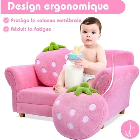 RELAX4LIFE Canapé Enfant 2 Places Avec Rembourrage En Éponge, Surface Peluche De Corail, Fauteuil Sofa Avec 2 Oreillers En Forme De Fraise Pour 3-7 Ans, 90X53X48 CM, Rose/Bleu (Rose) 4 RELAX4LIFE Canapé Enfant 2 Places Avec Rembourrage En Éponge, Surface Peluche De Corail, Fauteuil Sofa Avec 2 Oreillers En Forme De Fraise Pour 3-7 Ans, 90X53X48 CM, Rose/Bleu (Rose) – Image 2