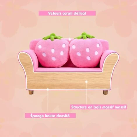 RELAX4LIFE Canapé Enfant 2 Places Avec Rembourrage En Éponge, Surface Peluche De Corail, Fauteuil Sofa Avec 2 Oreillers En Forme De Fraise Pour 3-7 Ans, 90X53X48 CM, Rose/Bleu (Rose) 6 RELAX4LIFE Canapé Enfant 2 Places Avec Rembourrage En Éponge, Surface Peluche De Corail, Fauteuil Sofa Avec 2 Oreillers En Forme De Fraise Pour 3-7 Ans, 90X53X48 CM, Rose/Bleu (Rose) – Image 4