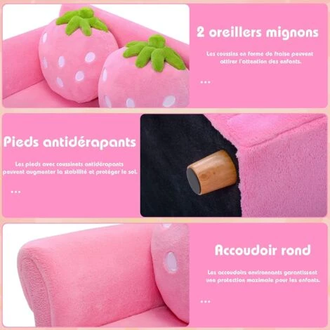 RELAX4LIFE Canapé Enfant 2 Places Avec Rembourrage En Éponge, Surface Peluche De Corail, Fauteuil Sofa Avec 2 Oreillers En Forme De Fraise Pour 3-7 Ans, 90X53X48 CM, Rose/Bleu (Rose) 7 RELAX4LIFE Canapé Enfant 2 Places Avec Rembourrage En Éponge, Surface Peluche De Corail, Fauteuil Sofa Avec 2 Oreillers En Forme De Fraise Pour 3-7 Ans, 90X53X48 CM, Rose/Bleu (Rose) – Image 5