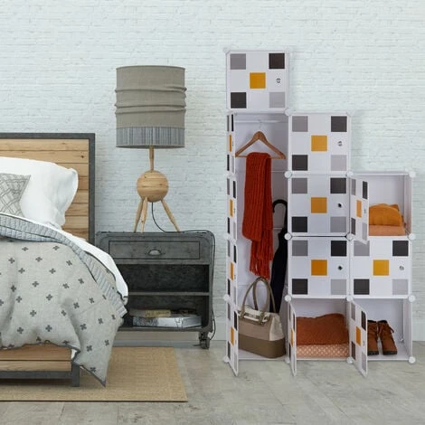 Relaxdays Étagère Modulable, Rangement Penderie, 8 Cases, 2 Tringles, Plastique, HxLxP: 145x110x37 Cm, Blanc-multicolore 4 Relaxdays Étagère Modulable, Rangement Penderie, 8 Cases, 2 Tringles, Plastique, HxLxP: 145x110x37 Cm, Blanc-multicolore – Image 2