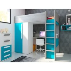 Lit Mezzanine 90 X 200 Cm Avec Armoire Et Bureau - Bleu Turquoise Et Blanc - NICOLAS