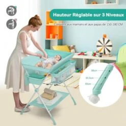 COSTWAY Table à Langer Pliable Pour Bébé, Table à Langer à 3 Hauteurs Réglables Avec Roues, Ceinture De Sécurité, Grande Capacité De Stockage Et Récipient D'Eau, Pour Bébés De 0 à 12 Mois, Bleu -ATMOSPHERA || Songmics Soldes Boutique 69662942 3