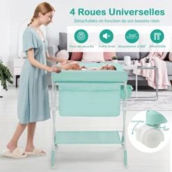 COSTWAY Table à Langer Pliable Pour Bébé, Table à Langer à 3 Hauteurs Réglables Avec Roues, Ceinture De Sécurité, Grande Capacité De Stockage Et Récipient D'Eau, Pour Bébés De 0 à 12 Mois, Bleu -ATMOSPHERA || Songmics Soldes Boutique 69662942 5