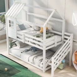 Lit Superposé 90x200cm, Lit Cabane Enfant Avec échelle Et Fenêtre, Cadre En Pin, Sommiers à Lattes Inclus, Multi Fonctions, Blanc -ATMOSPHERA || Songmics Soldes Boutique 70069695 4